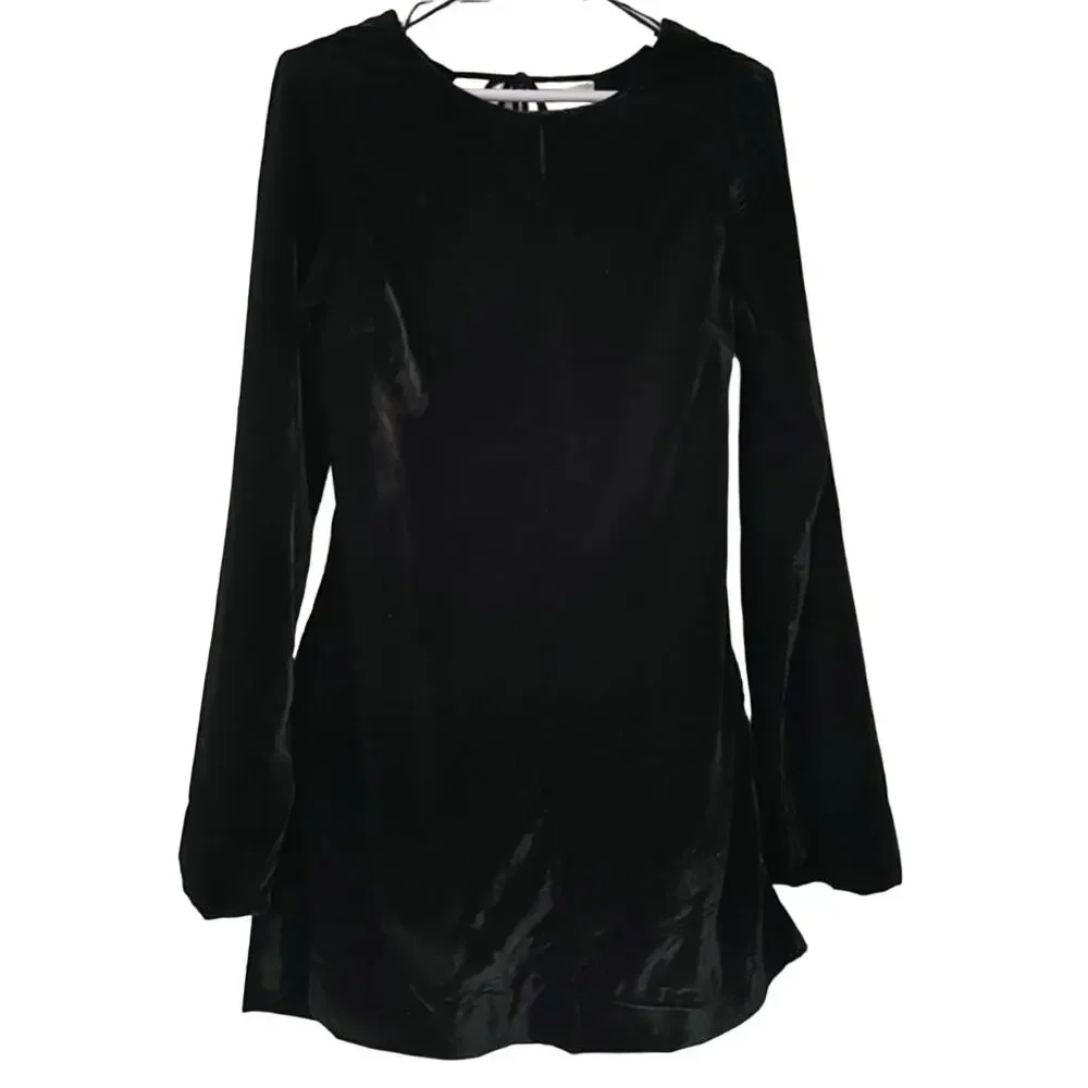 New Free People Chelsey Mini Dress VELVET $128 SMALL Black Open Back Long-Sleeve